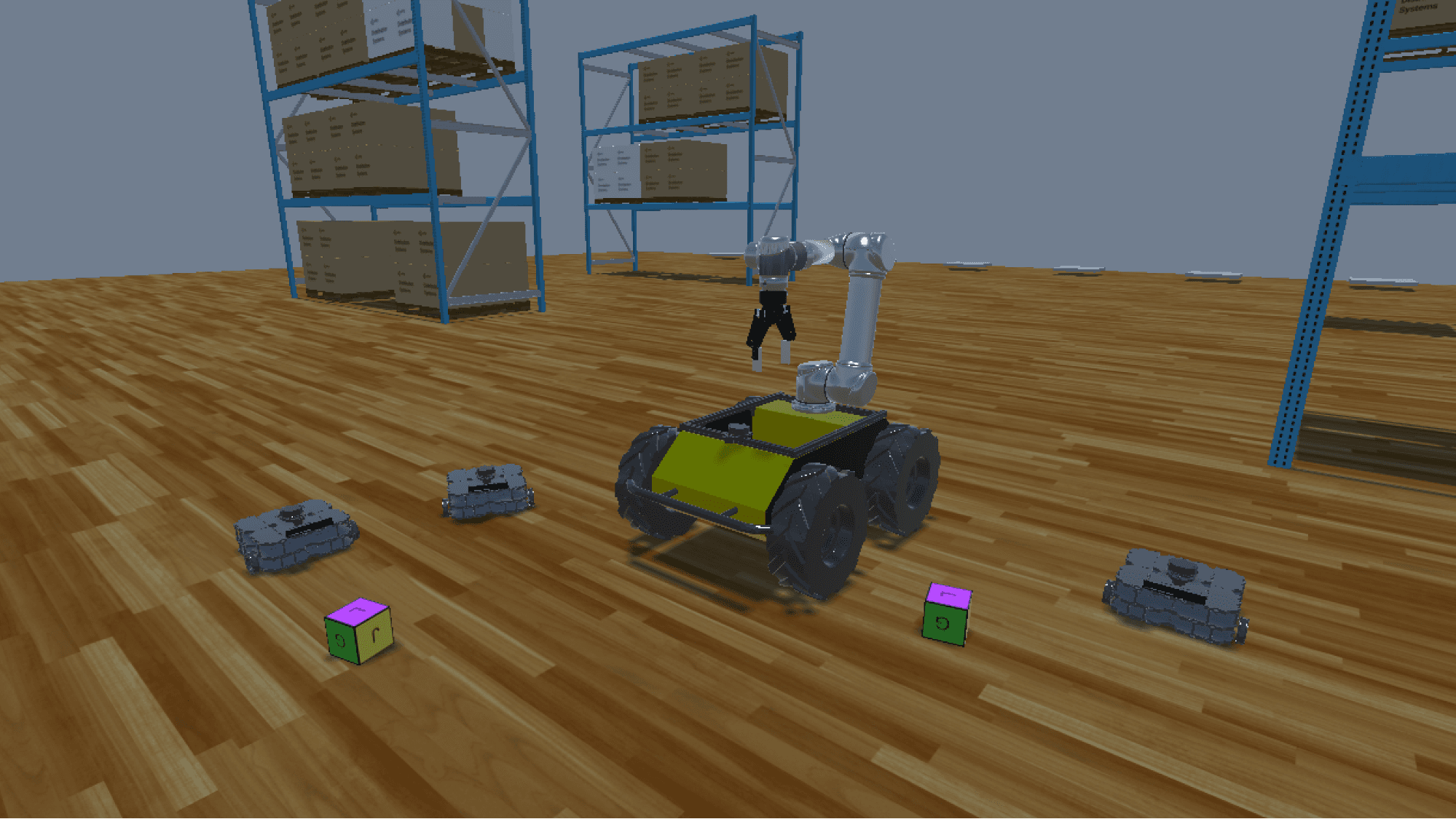 3D simulation of a green robot moving around a wood floor
