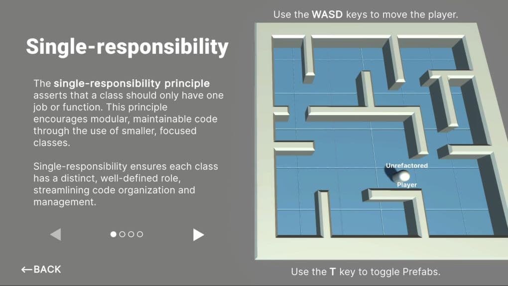 The single responsibility demo separates the Player into smaller components.