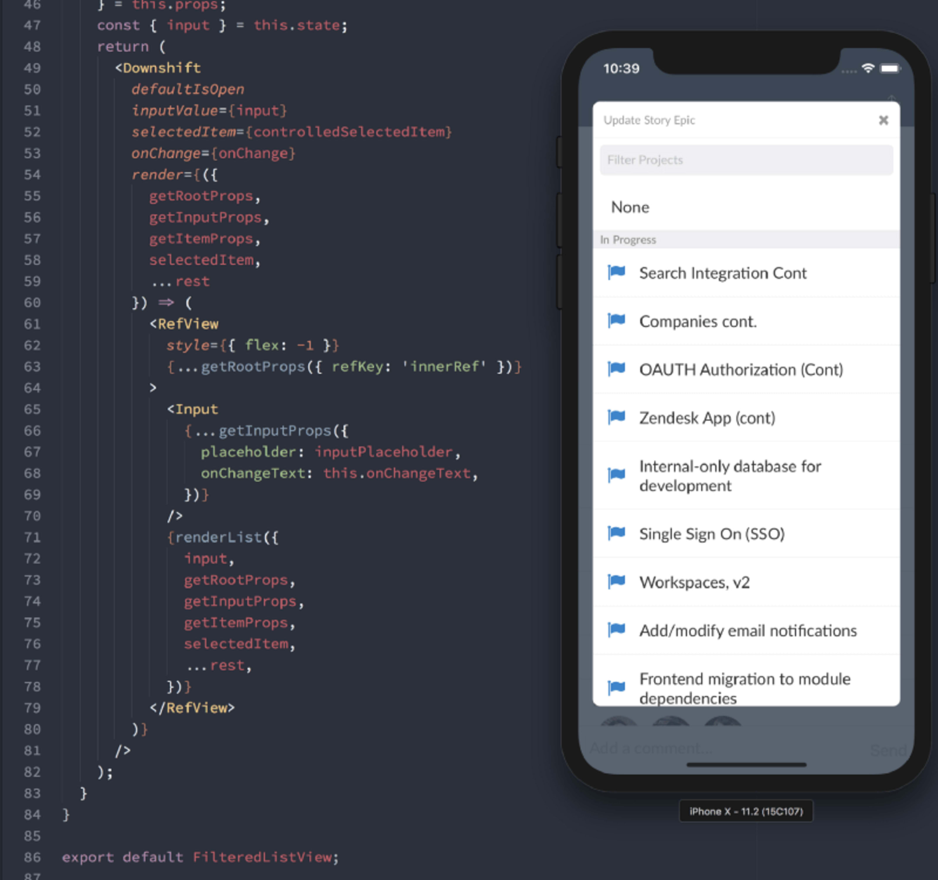 Screenshot of downshift code in React Native from Eli