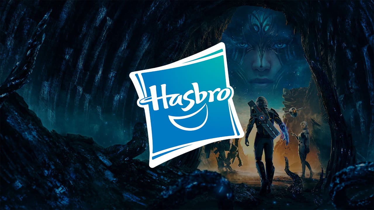 The Hasbro logo overlaid on sci-fi artwork from Wizards of the Coast