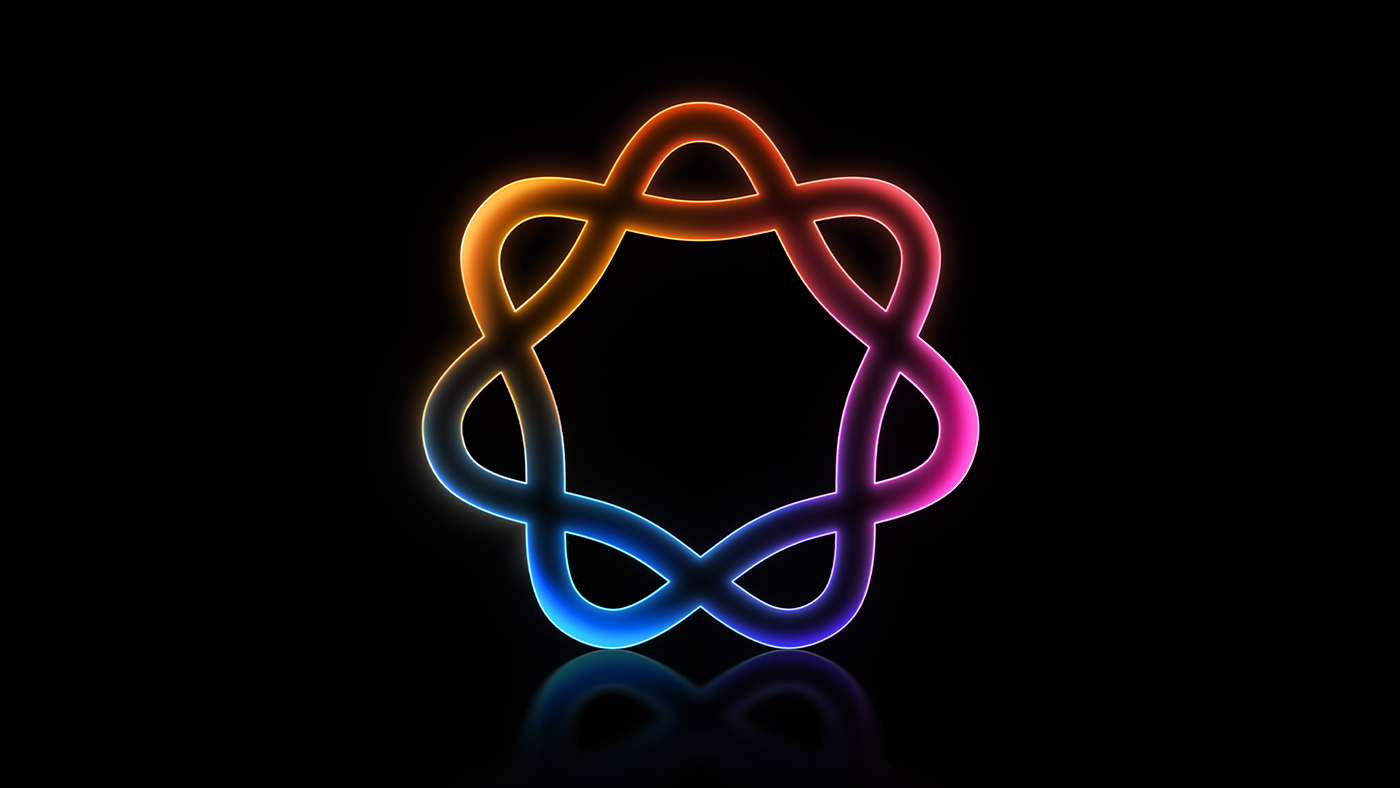A circular icon with interlocking shapes with glowing orange, purple, and blue edges, set against a black background.