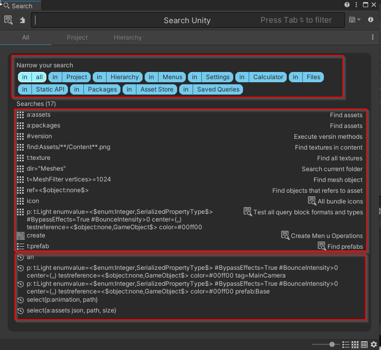 New search query options in Unity 2022 LTS
