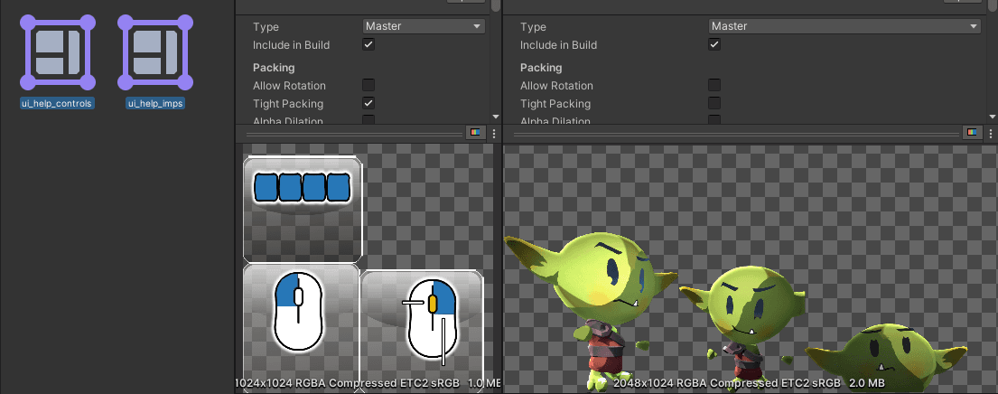 Creating two sprite atlases for each set of three textures.