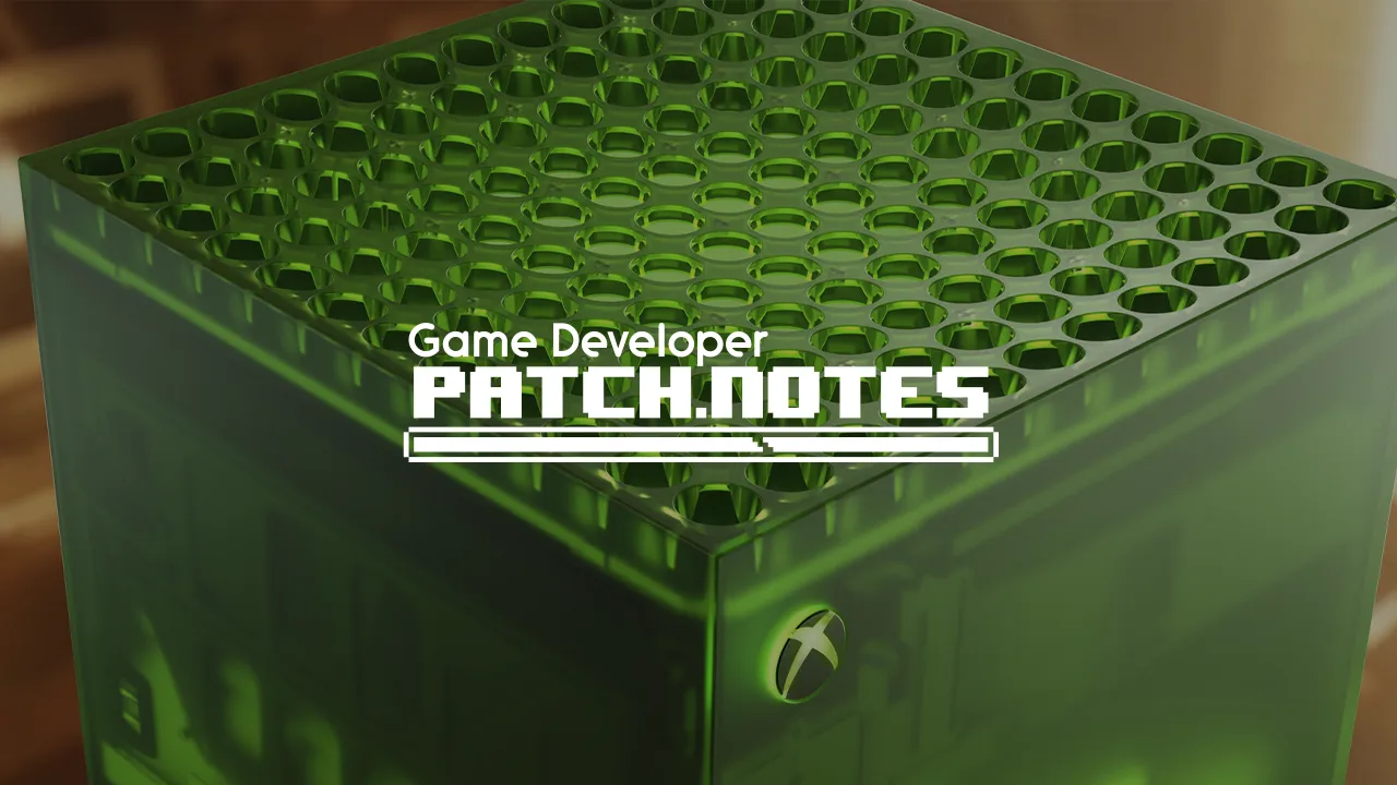The Patch Notes logo overlaid on a photograph of the 25th anniversary Xbox Series X console