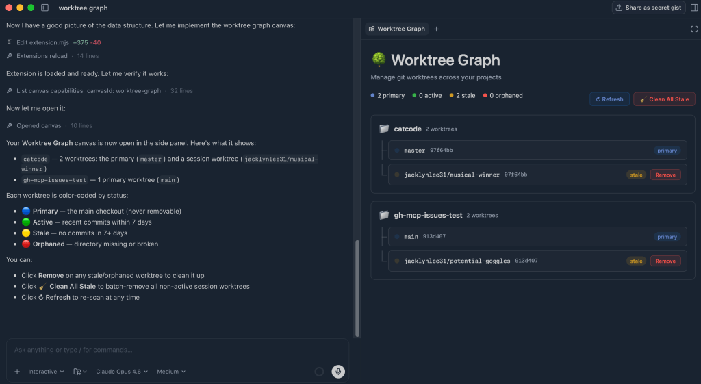 Canvas showing a worktree view of Copilot sessions.