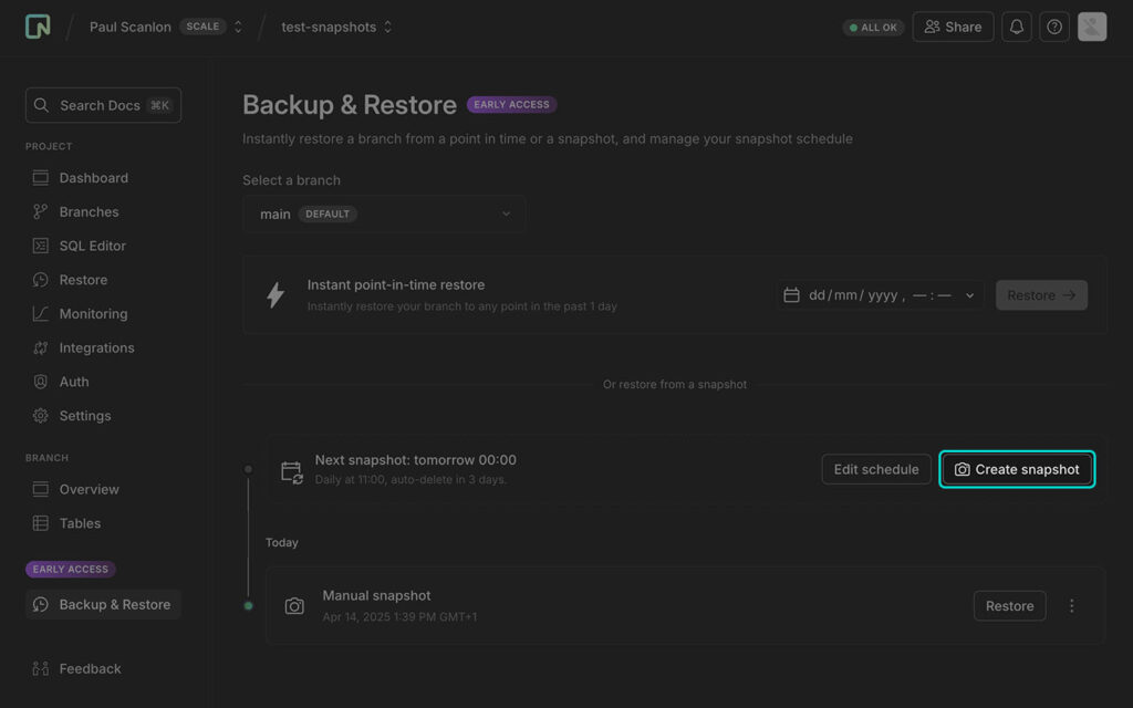 Screenshot of Neon console with Create snapshot button highlighted