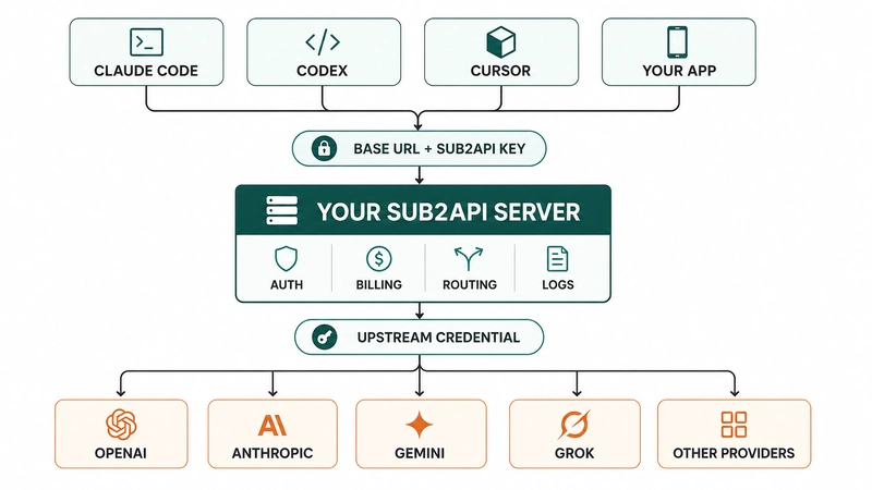Diagram showing Claude Code, Codex, Cursor, and an app sending requests through a self-hosted Sub2API gateway, which handles authentication, billing, routing, and logs before forwarding requests to multiple AI providers.