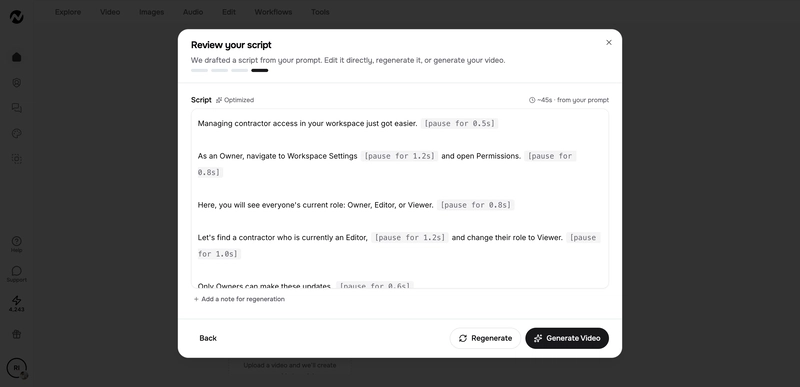 Review the narration and product steps before generating the fictional permissions demo.<br>