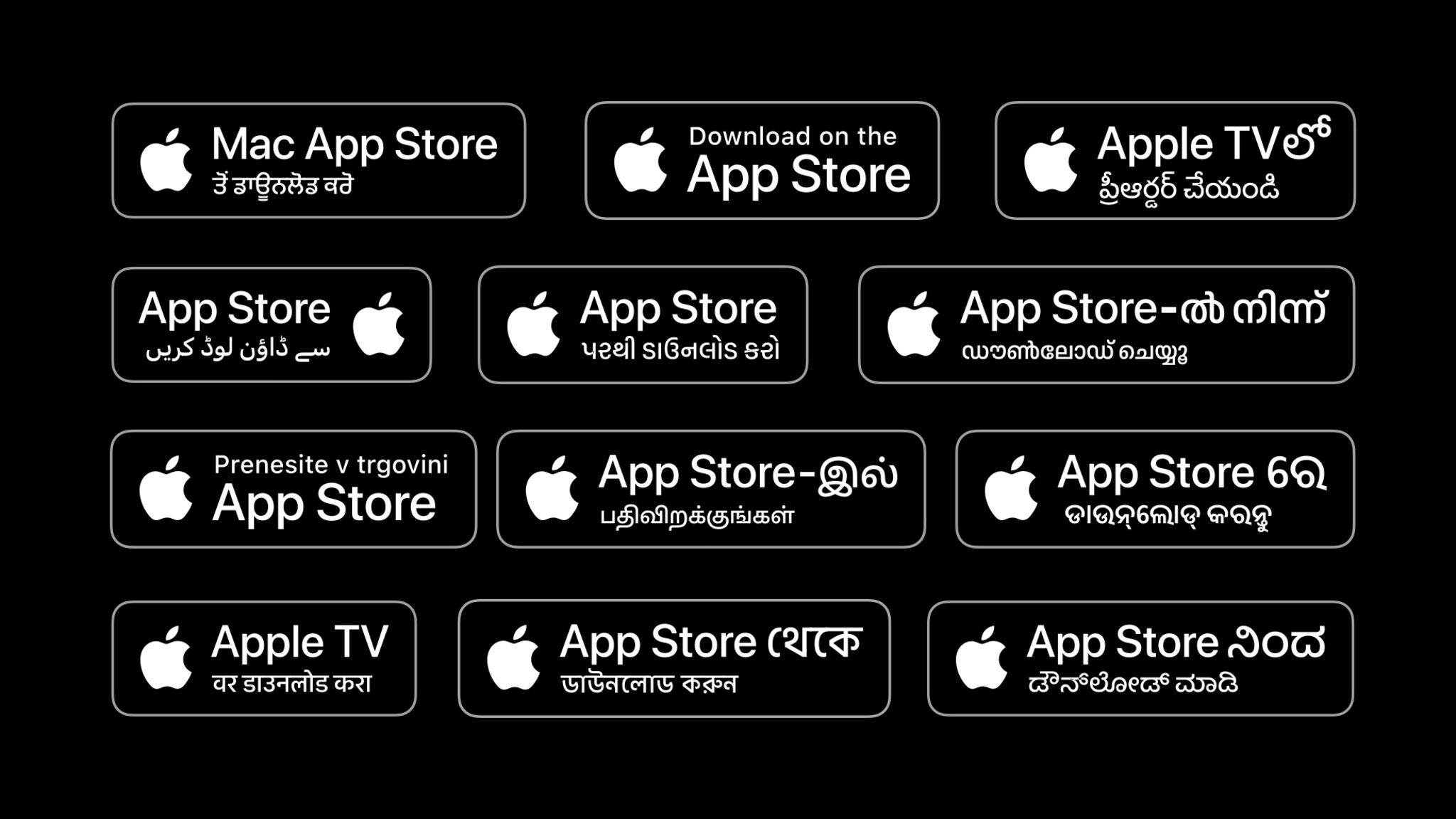 A collection of Apple App Store and Apple TV download badges displayed in multiple languages.