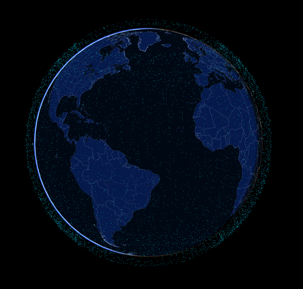 A rendering of the Starlink satellite system depicted as bright dots surrounding the Earth.
