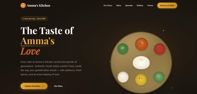 Hero Section — CSS Art Thali with floating animation and warm gold palette