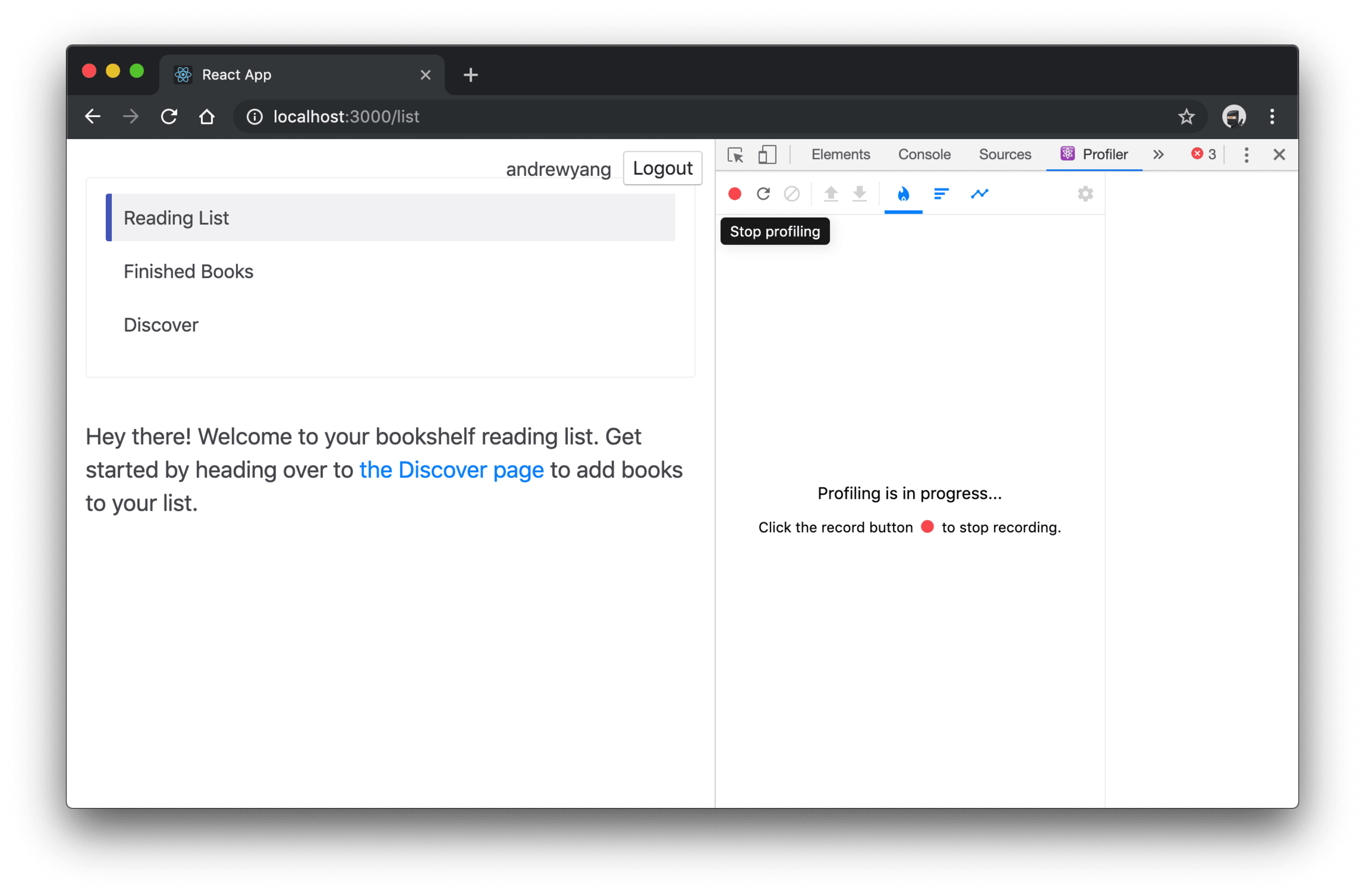 bookshelf app with React DevTools Profile tab open and red "Stop profile" button highlighted