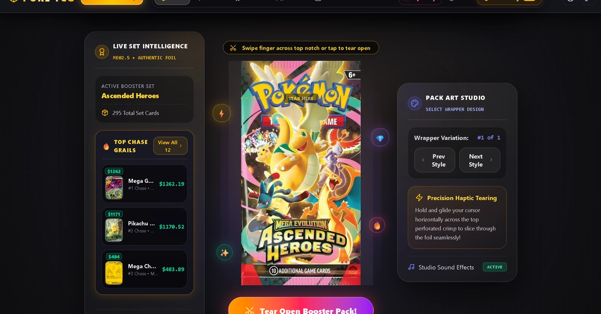 Full-stack Pokémon TCG simulator with pack opening, grading, PvP and card auctions