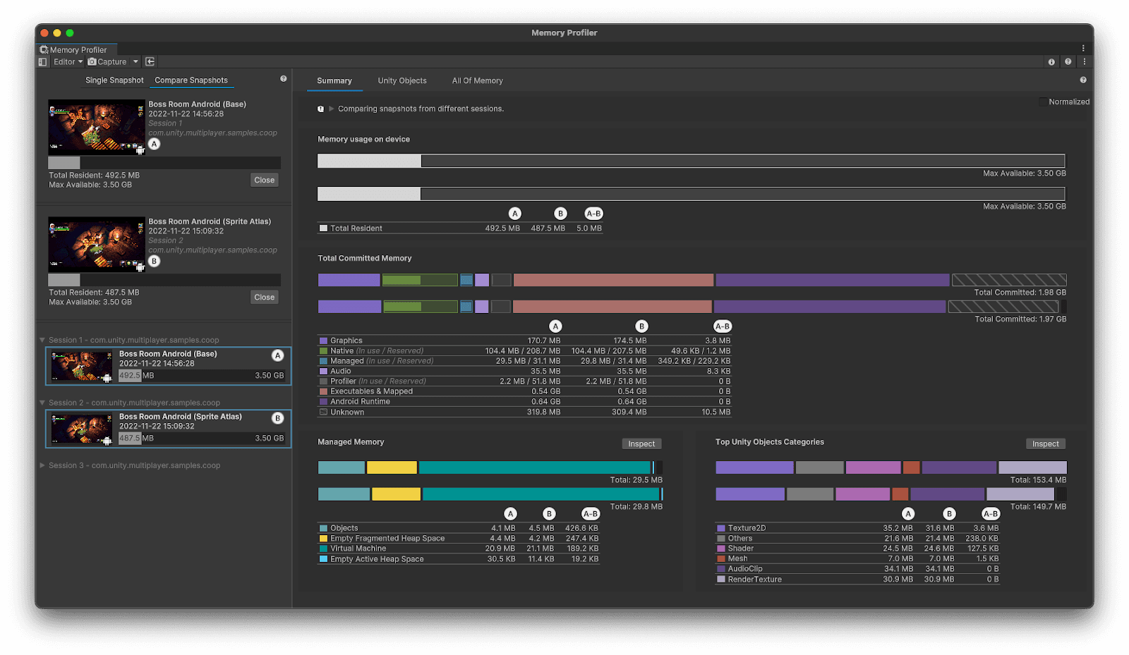 The Memory Profiler’s Summary page presents a summary of the differences between two memory captures when two snapshots are being compared.