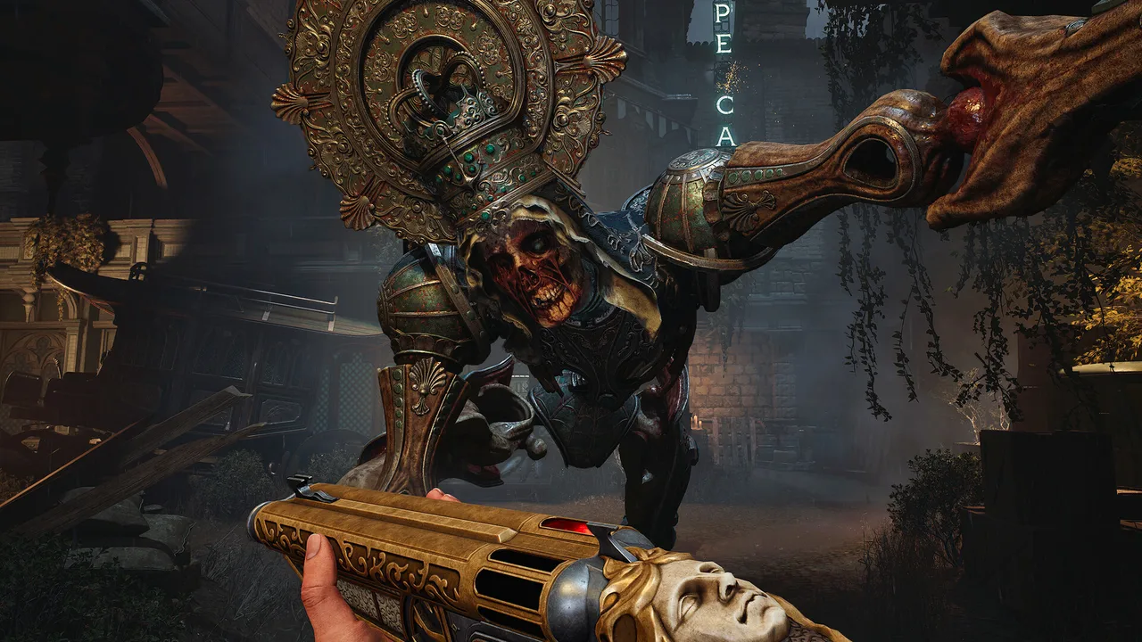 A screenshot of Crisol: Theater of Idols, showing the protagonist being attacked by an undead creature