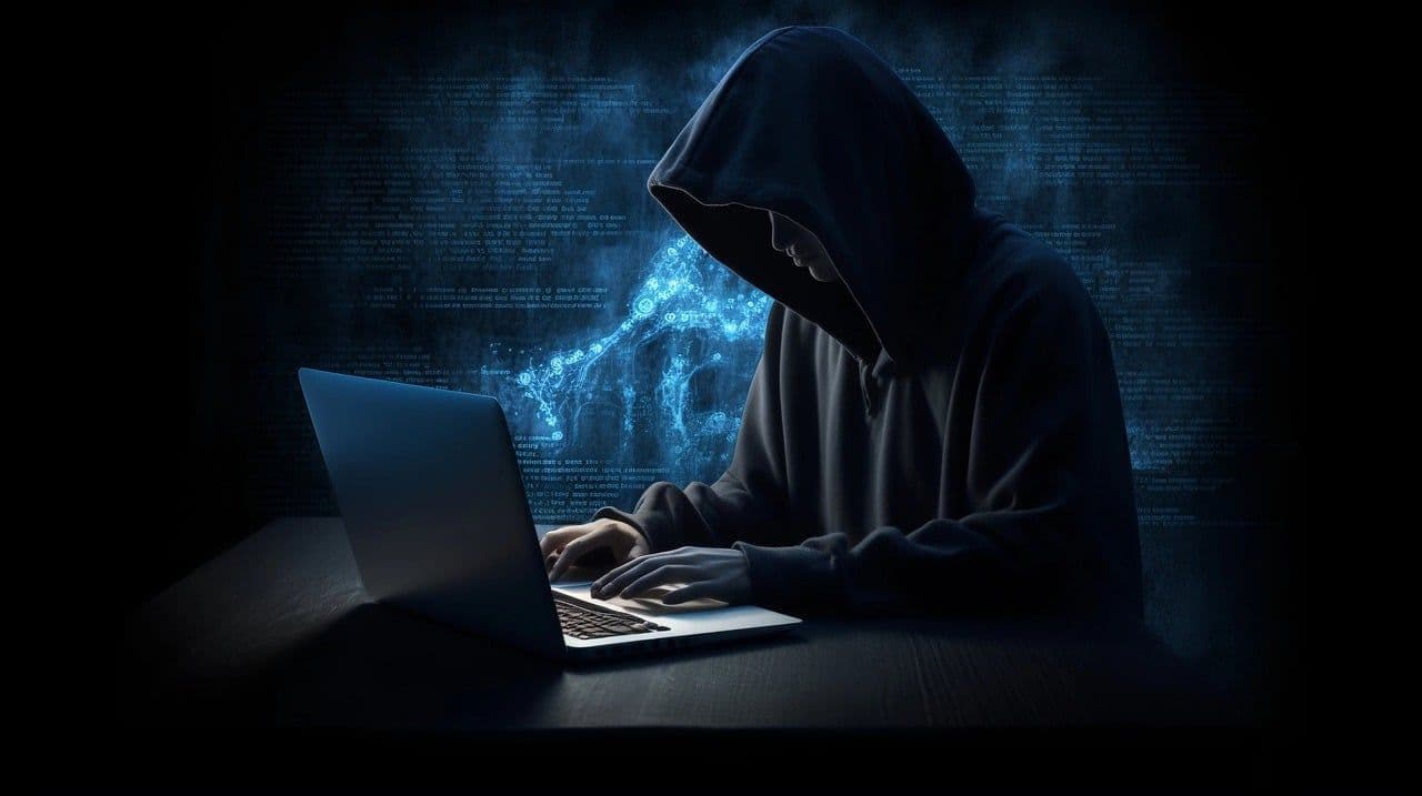 A hooded figure sits typing on a laptop in a darkened (Pixabay)