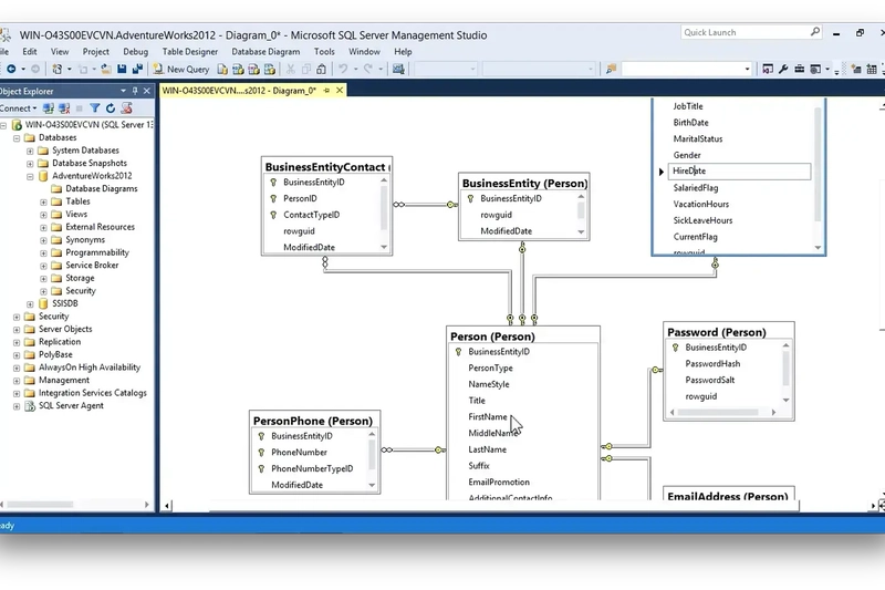 The SSMS database diagram designer open on AdventureWorks2012: an unsaved Diagram_0 tab, the Database Diagrams node in Object Explorer, and table boxes with key icons - on save, all of this becomes one binary row in sysdiagrams, not a file