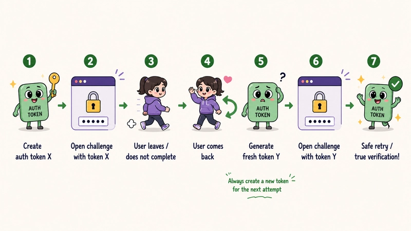 A seven-step payment recovery flow showing a user leaving, returning, and safely retrying with a fresh authentication token