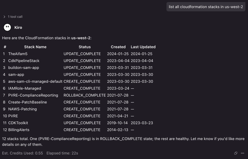 Kiro chat where the agent lists 12 CloudFormation stacks in my region, showing each stack name and status