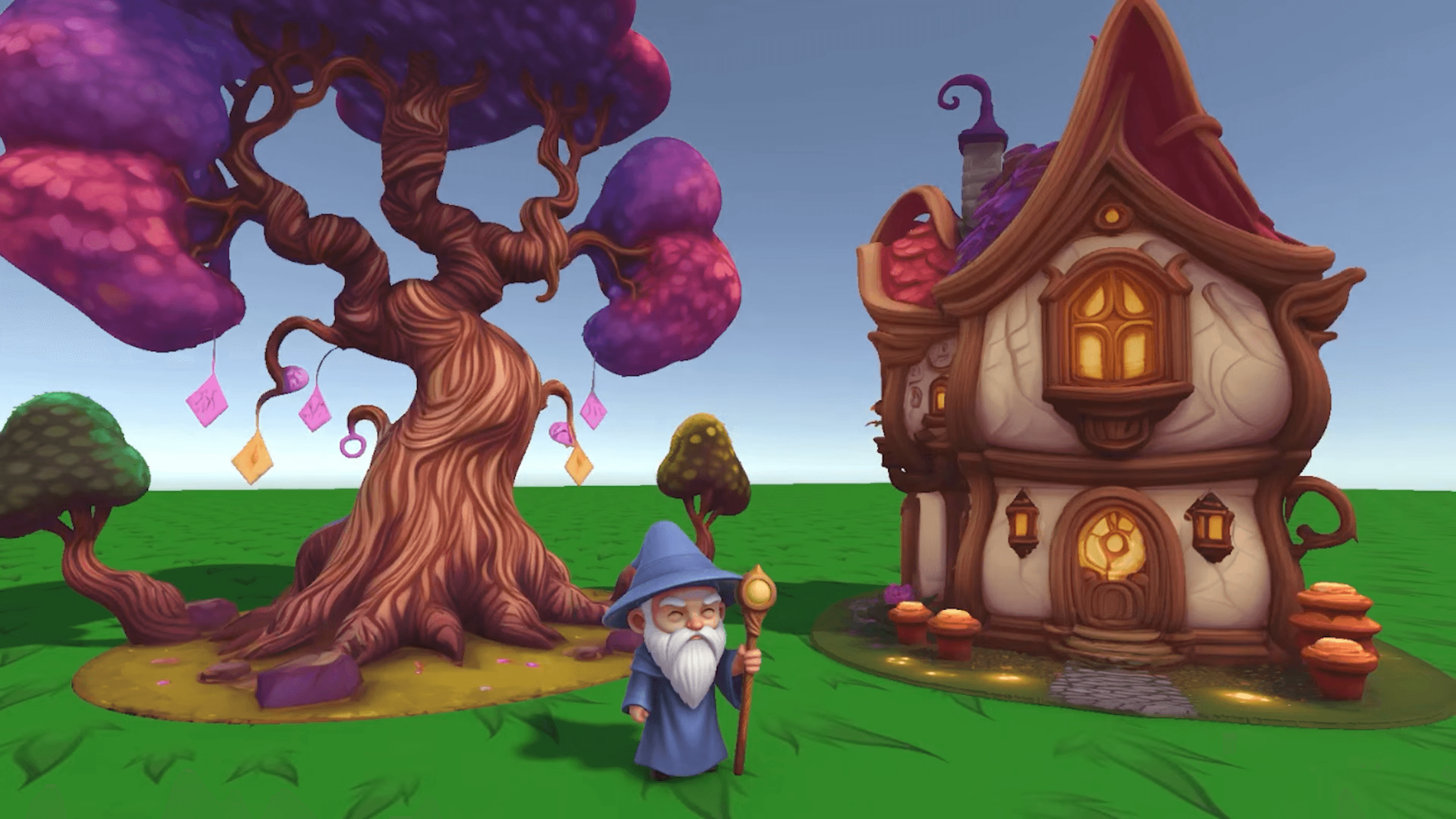 3D AI-generated assets for a fantasy game prototype: A twisted tree with purple leaves, a short Merlin-like hobbit wizard, and a stylized fantasy home.