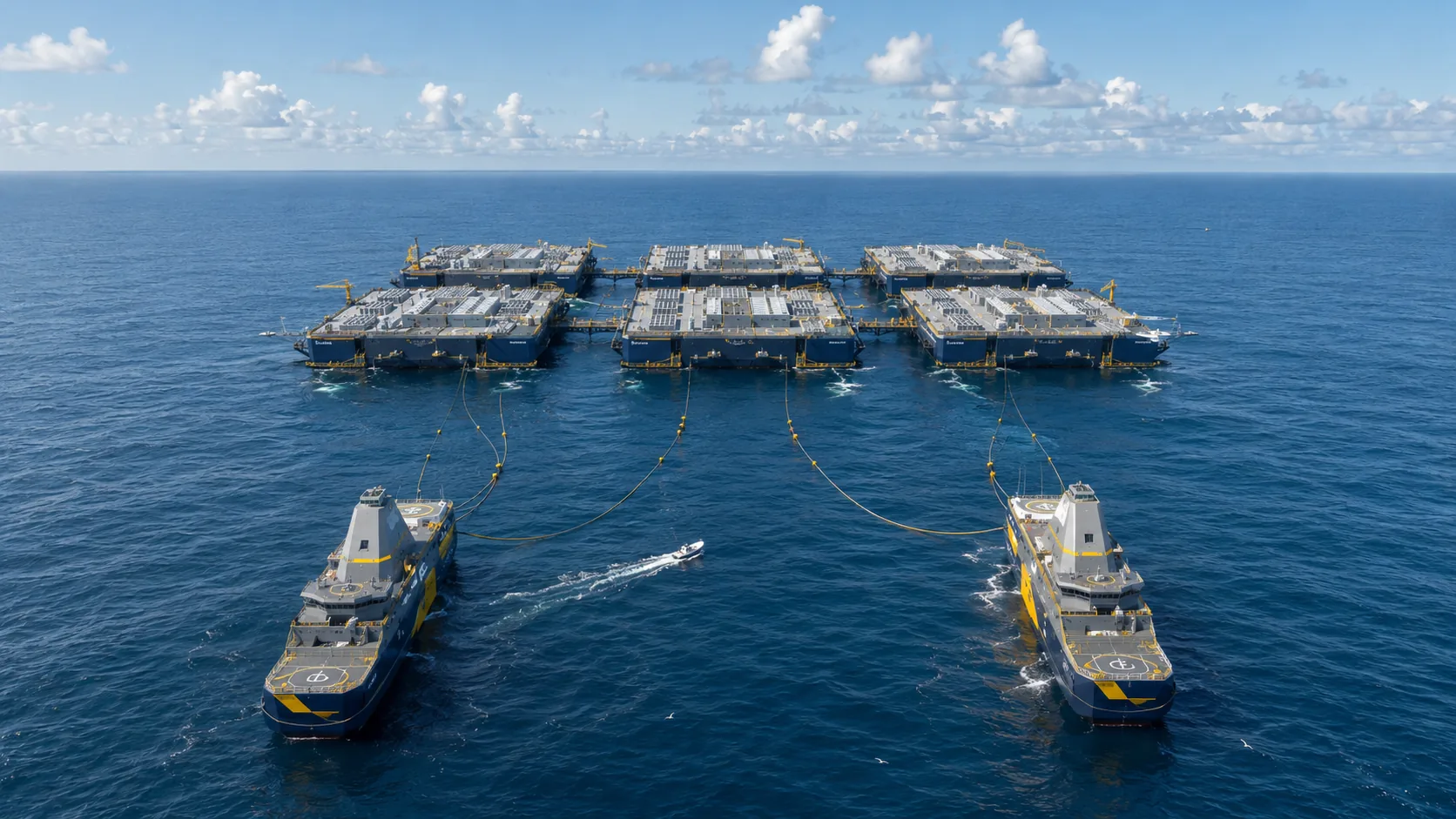 An Atomarine offshore data center campus: floating compute platforms moored at sea and served by power vessels