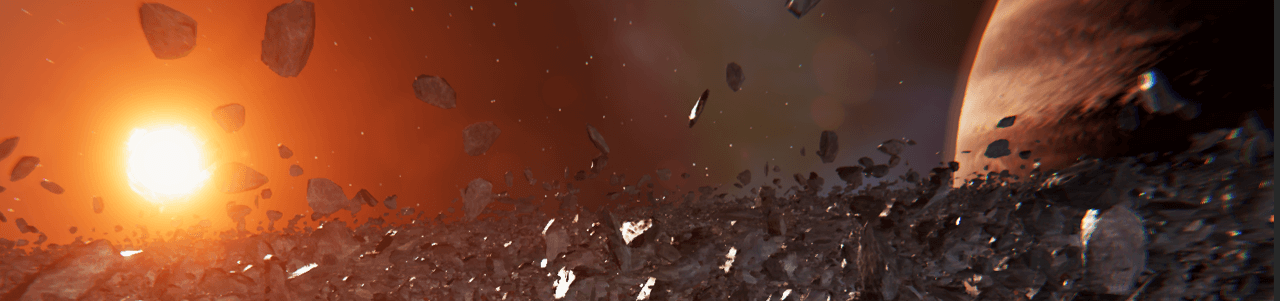 Image of generated space with a planet, meteorites, and a sun in the background