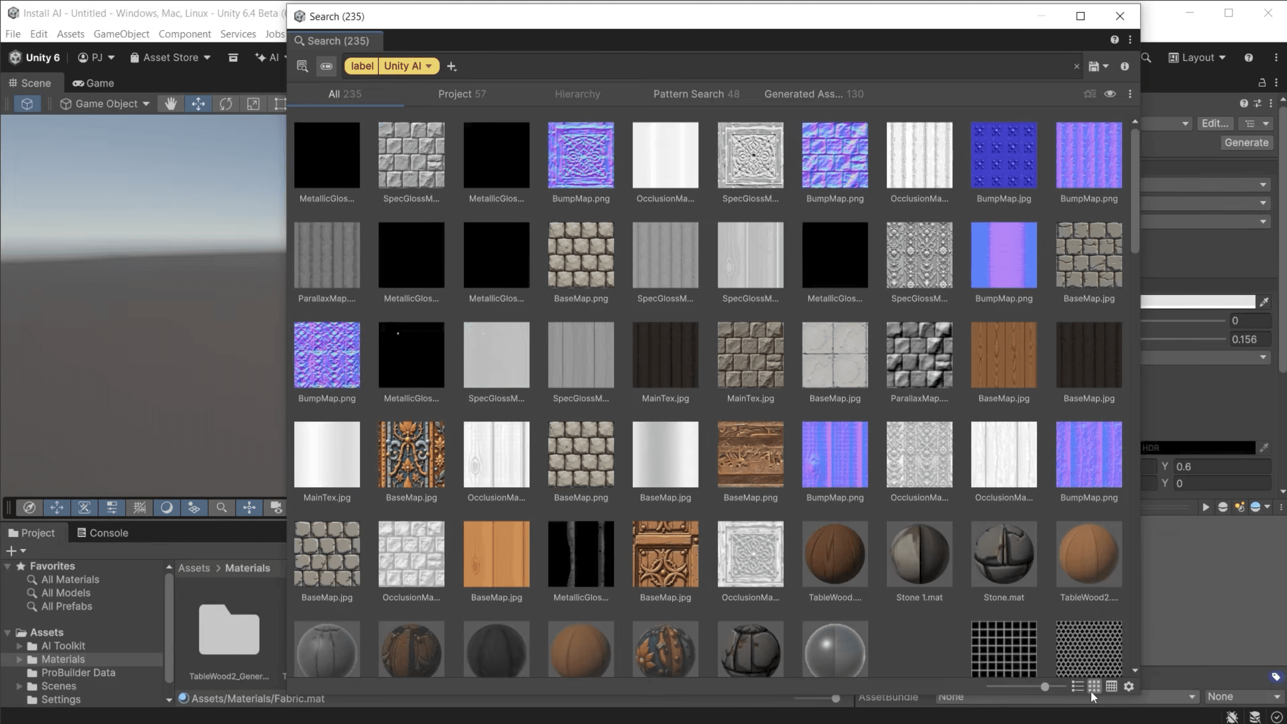 A library of AI-generated textures, each tagged with the Unity AI label for easy filtering.
