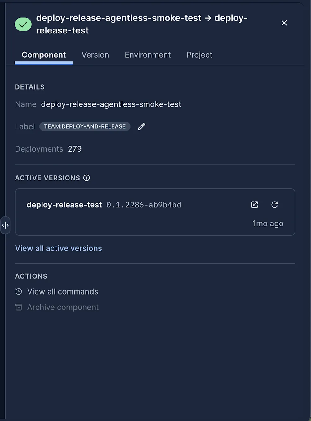 CircleCI component detail panel showing active version, deployment count, and rollback actions
