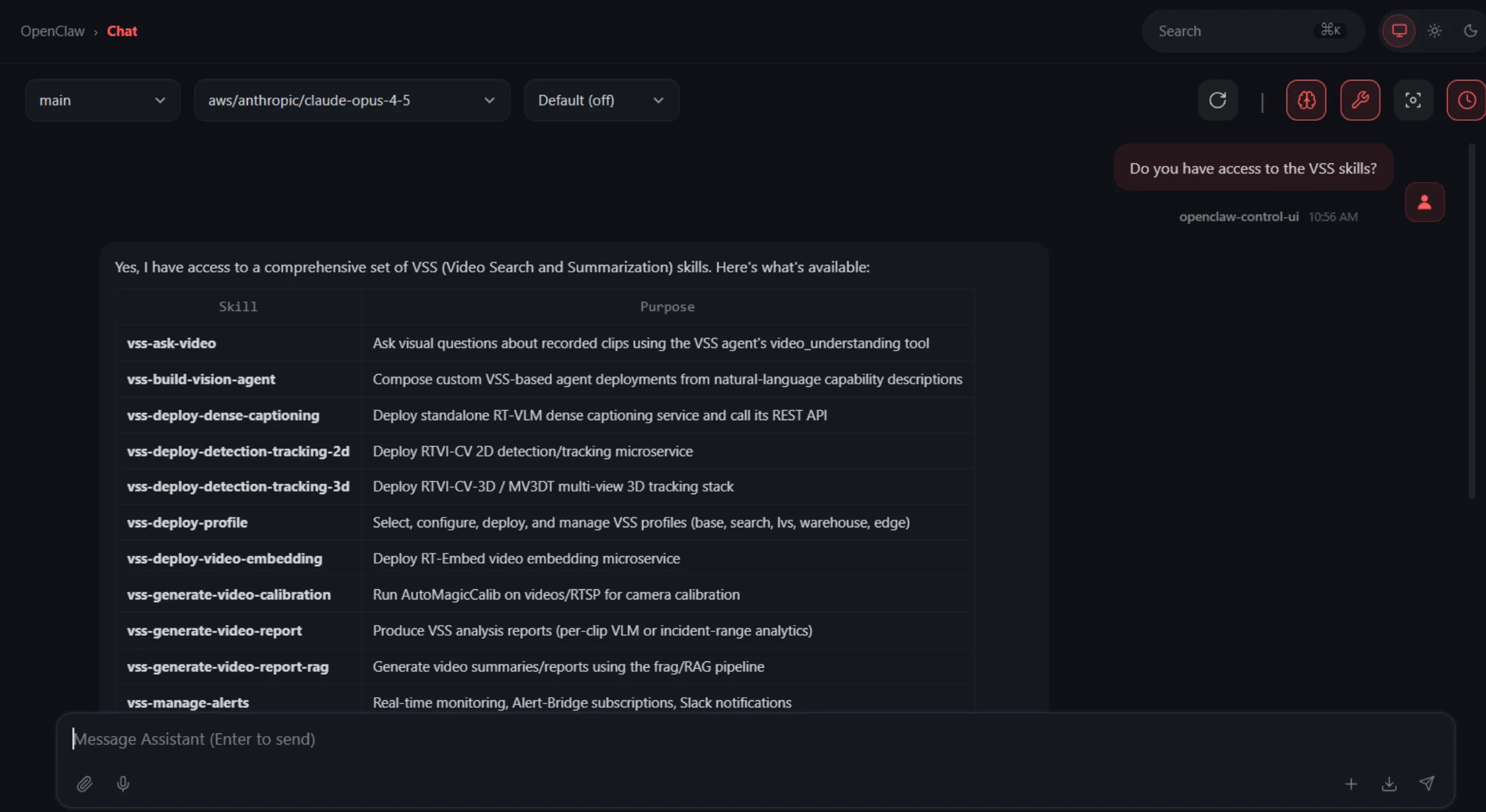 A screenshot of OpenClaw UI with a prompt to verify access to VSS skills