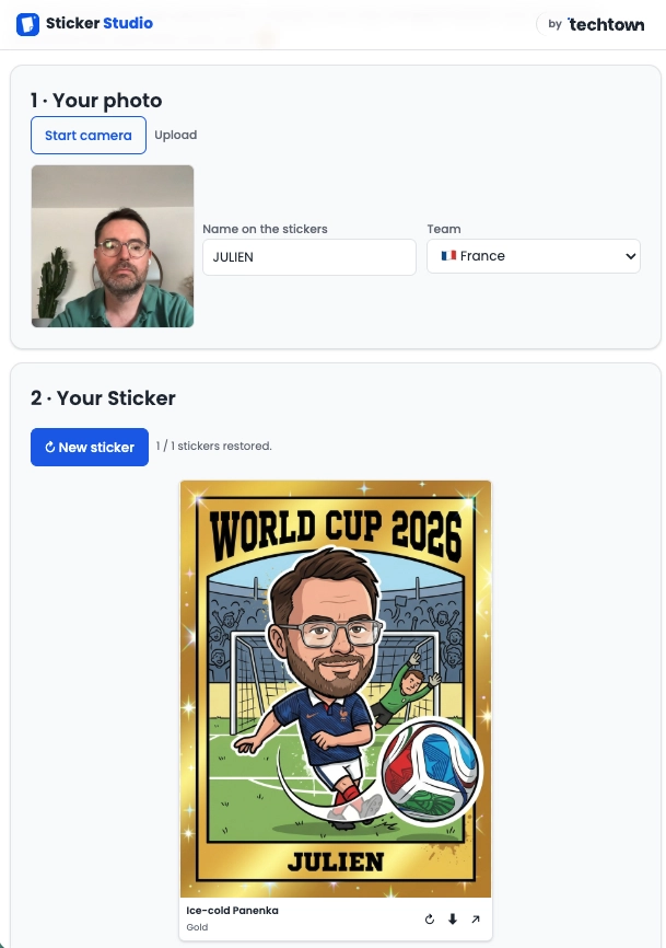 The public Studio keeps the experience simple: one photo, one team, one personalized sticker.