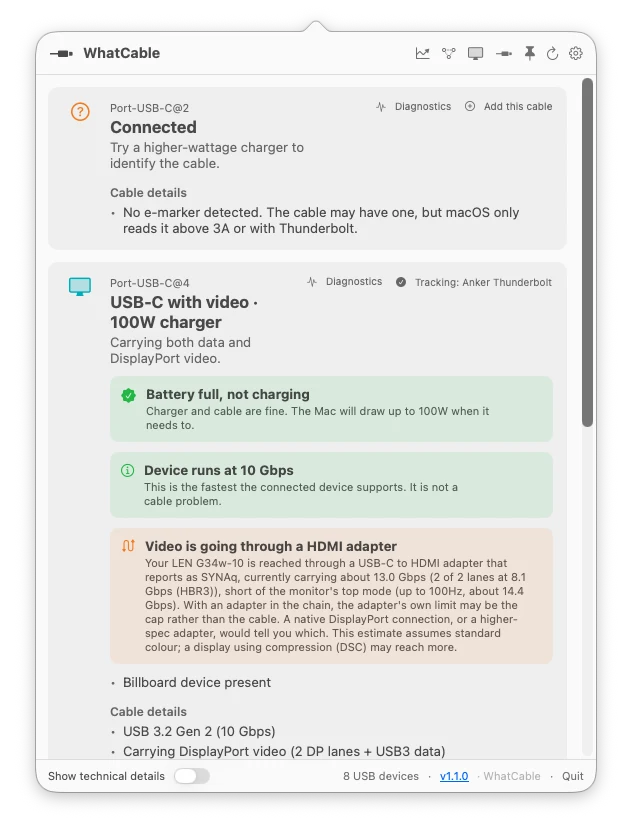 WhatCable popover