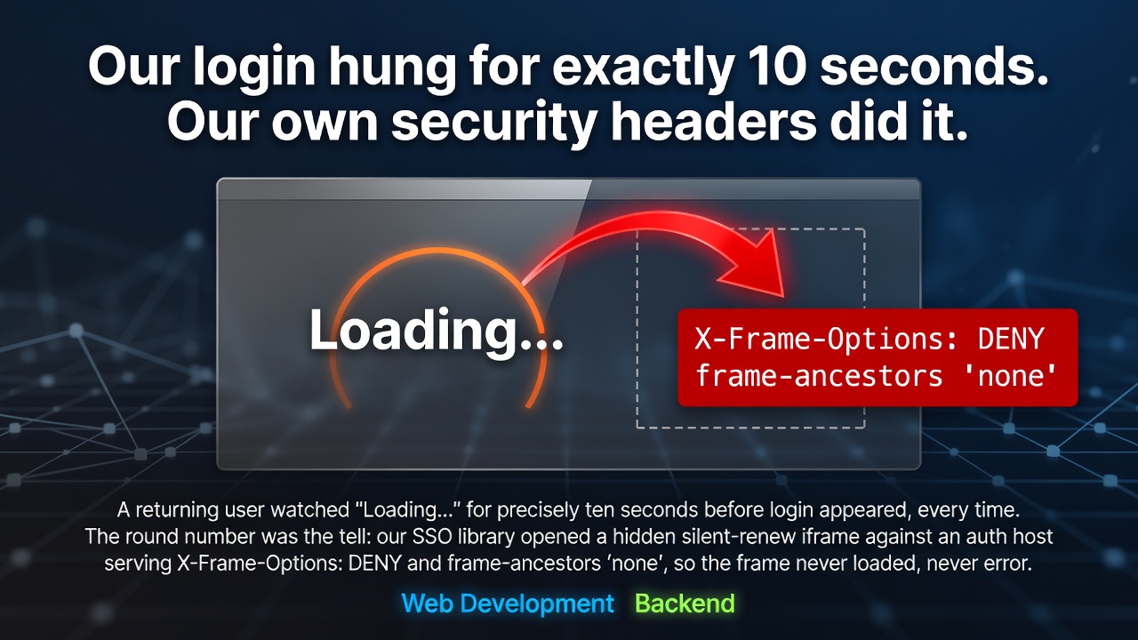 Our login hung for exactly 10 seconds. Our own security headers did it.