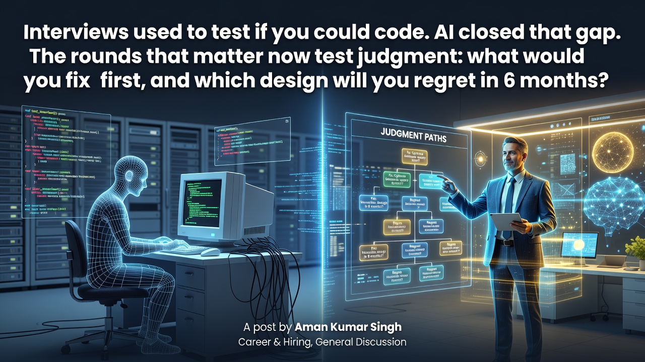 Interviews used to test if you could code. AI closed that gap. The rounds that matter now test judgment: what would you fix first, and which design will you regret in 6 months?