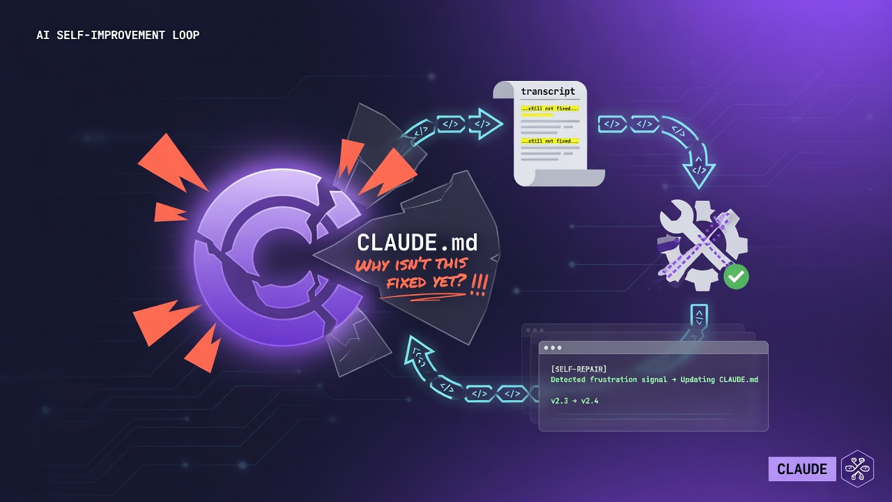 When Claude Detects "Why Isn't This Fixed Yet?" and Repairs Its Own CLAUDE.md: A Self-Improvement Loop Driven by Frustration Signals in Transcripts