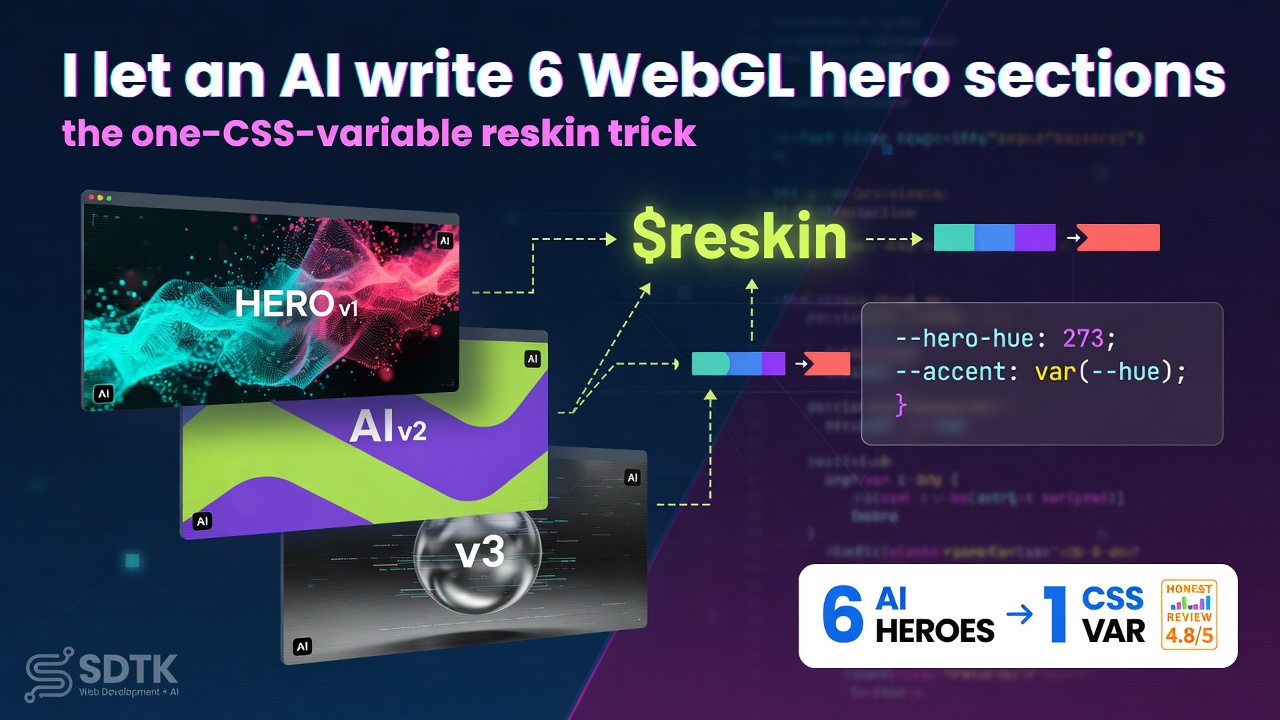 I let an AI write 6 WebGL hero sections — here's the one-CSS-variable reskin trick, and the honest review count