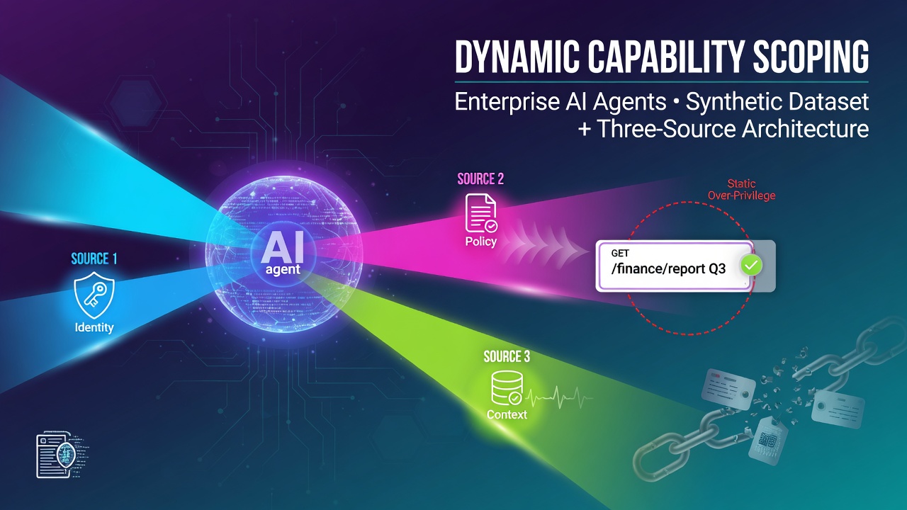 Dynamic Capability Scoping for Enterprise AI Agents: A Synthetic Dataset and Three-Source Permission Architecture