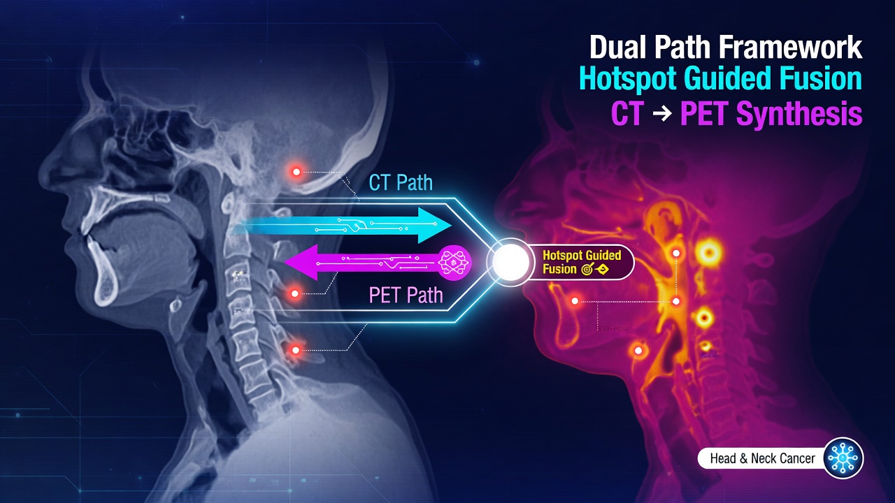 A Dual Path Framework with Hotspot Guided Fusion for Three Dimensional CT to PET Synthesis in Head and Neck Cancer