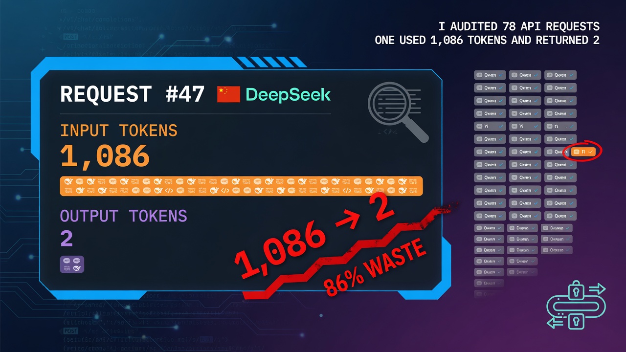 I audited 78 API requests on my own gateway. One of them used 1,086 input tokens and returned 2 tokens. Token waste is real.