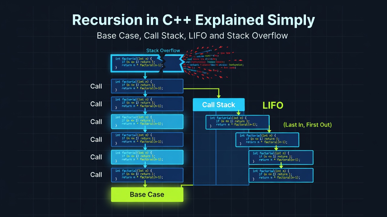 Recursion in C++ Explained Simply: Base Case, Call Stack, LIFO and Stack Overflow