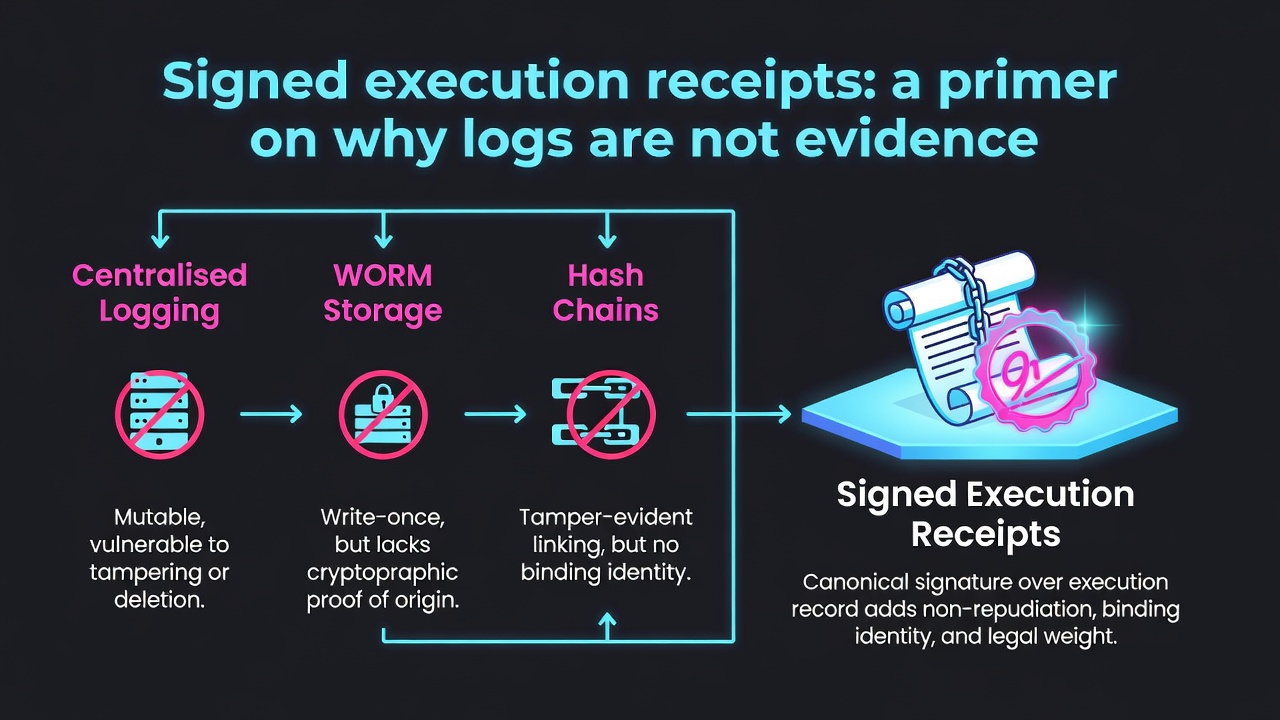 Signed execution receipts: a primer on why logs are not evidence