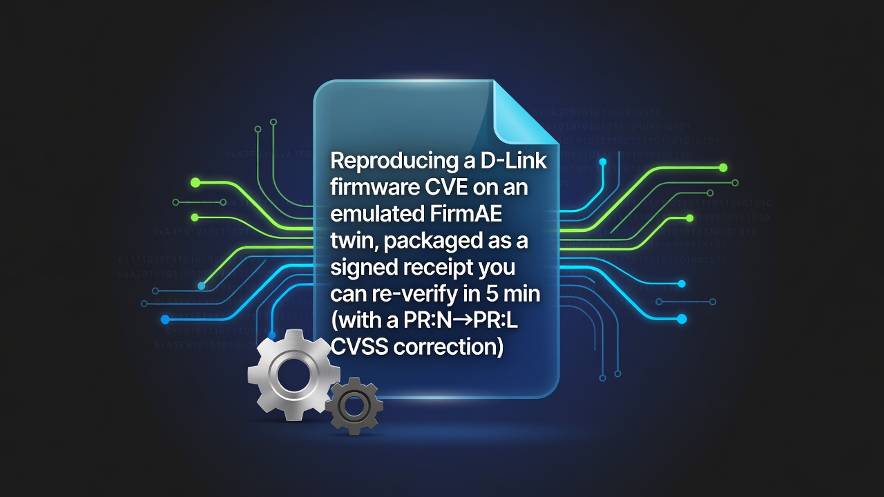 Reproducing a D-Link firmware CVE on an emulated FirmAE twin, packaged as a signed receipt you can re-verify in 5 min (with a PR:N→PR:L CVSS correction)