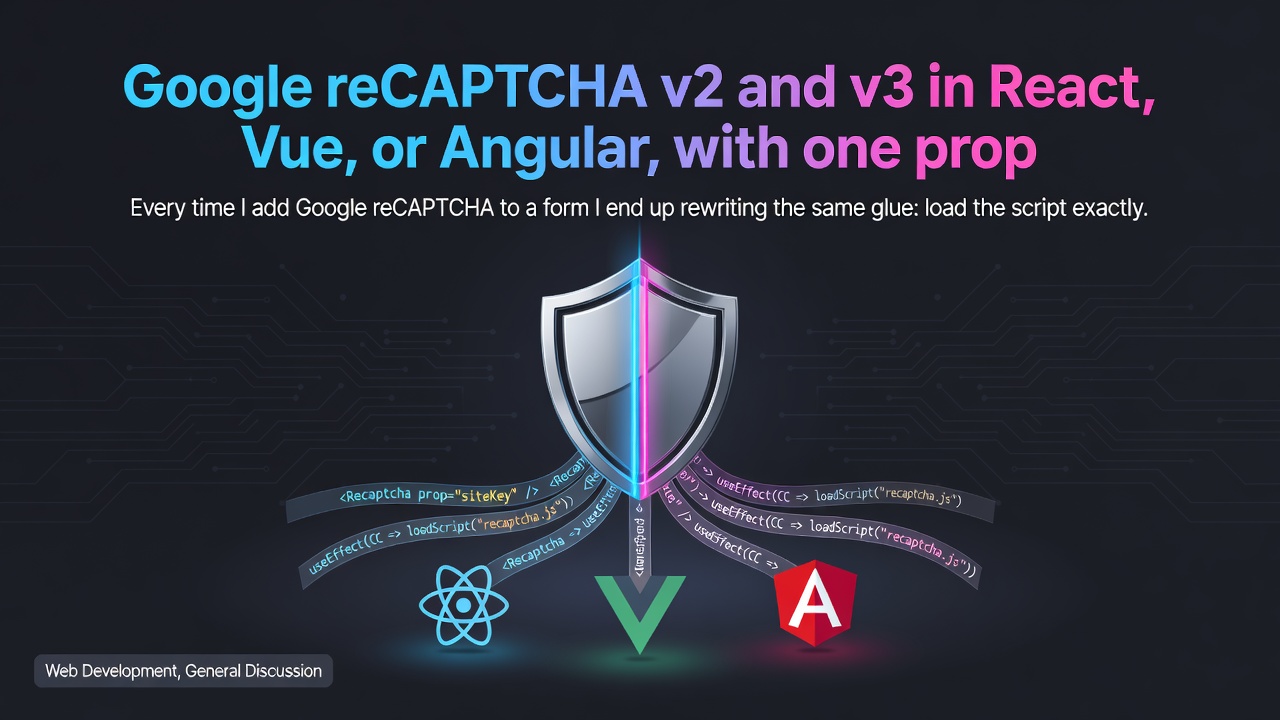 Google reCAPTCHA v2 and v3 in React, Vue, or Angular, with one prop