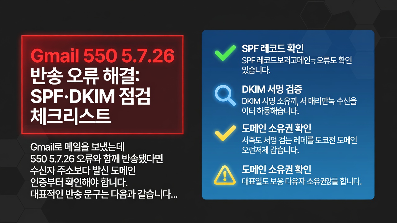 Gmail 550 5.7.26 반송 오류 해결: SPF·DKIM 점검 체크리스트