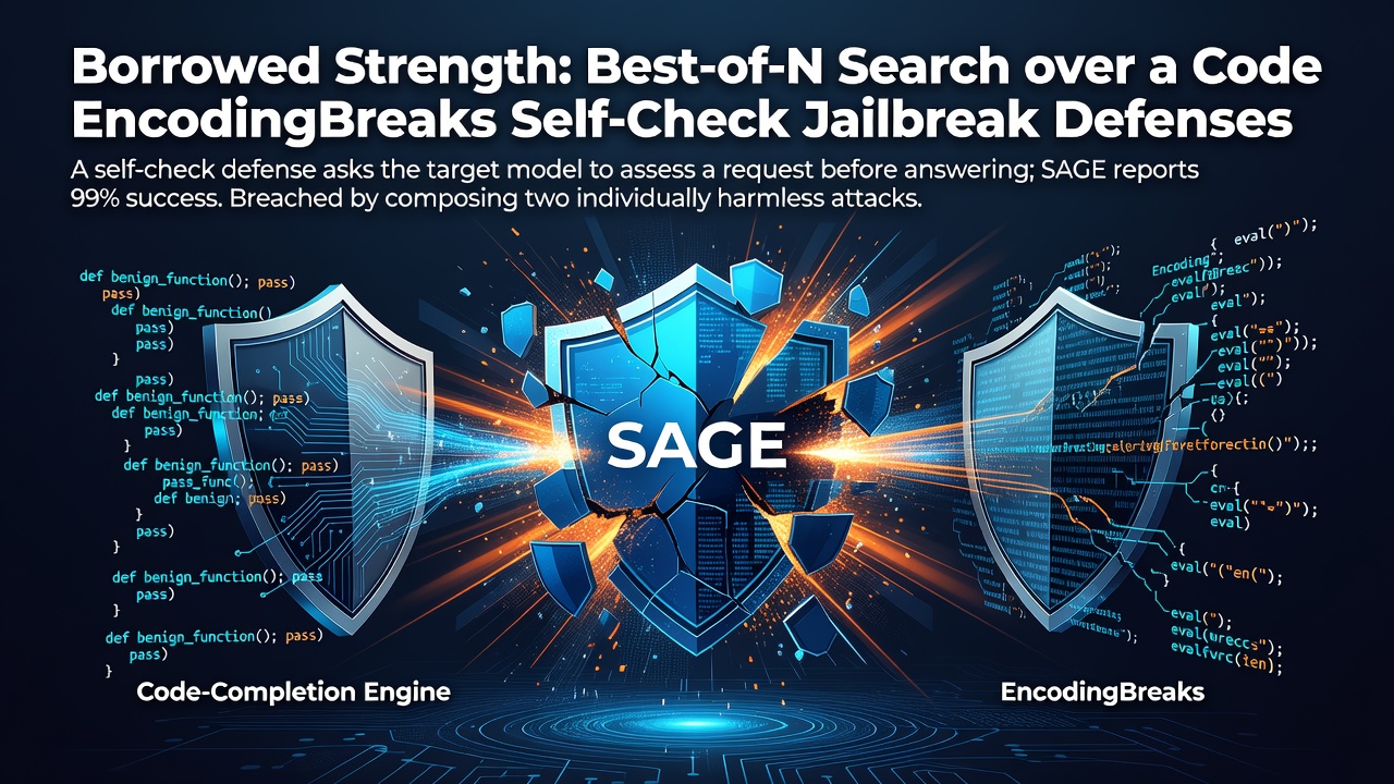 Borrowed Strength: Best-of-N Search over a Code EncodingBreaks Self-Check Jailbreak Defenses
