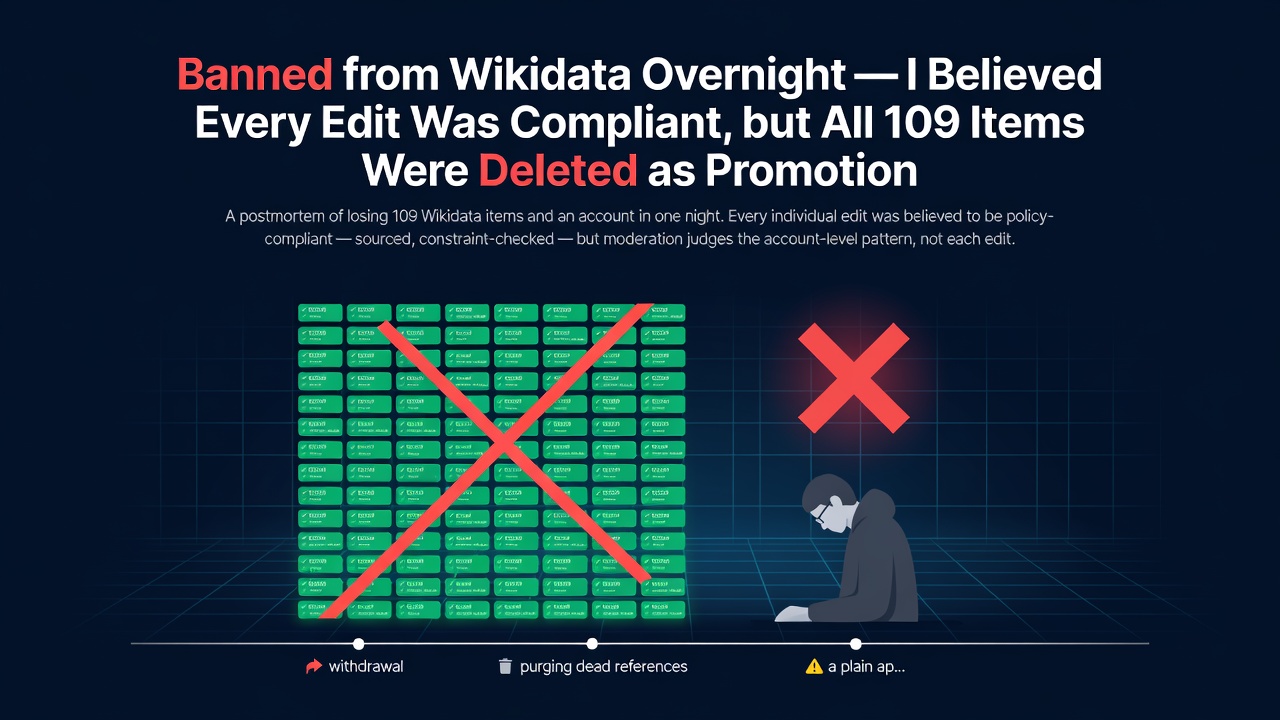 Banned from Wikidata Overnight — I Believed Every Edit Was Compliant, but All 109 Items Were Deleted as Promotion