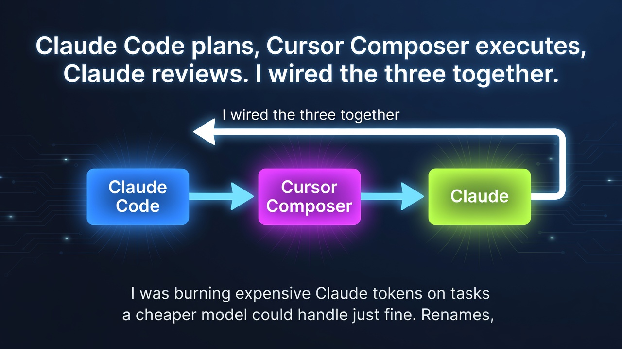 Claude Code plans, Cursor Composer executes, Claude reviews. I wired the three together.