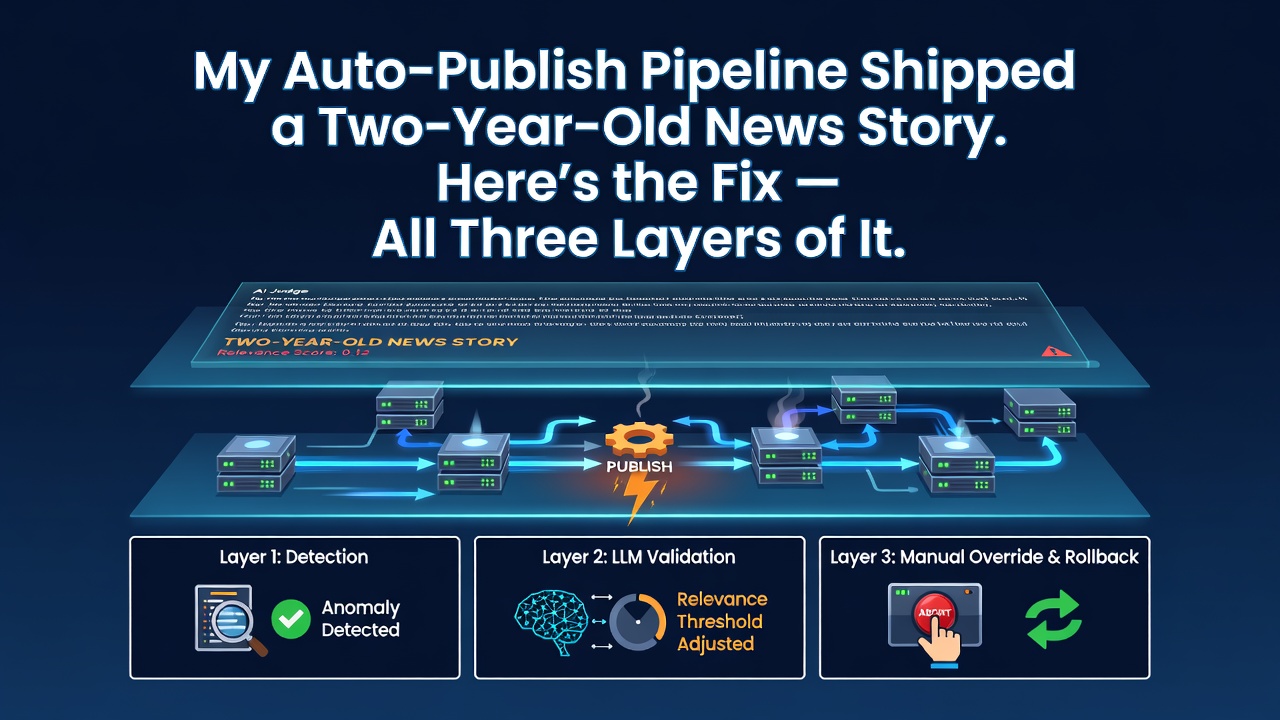 My Auto-Publish Pipeline Shipped a Two-Year-Old News Story. Here's the Fix — All Three Layers of It.