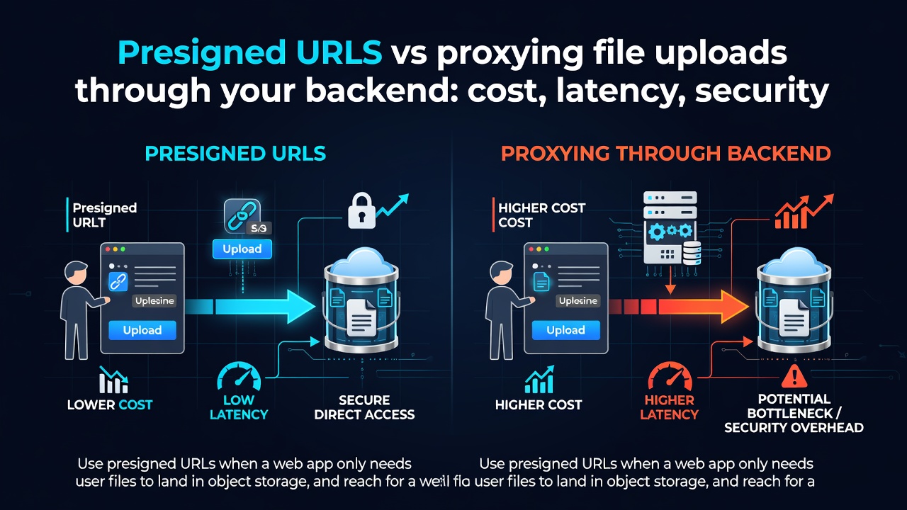 Presigned URLs vs proxying file uploads through your backend: cost, latency, security