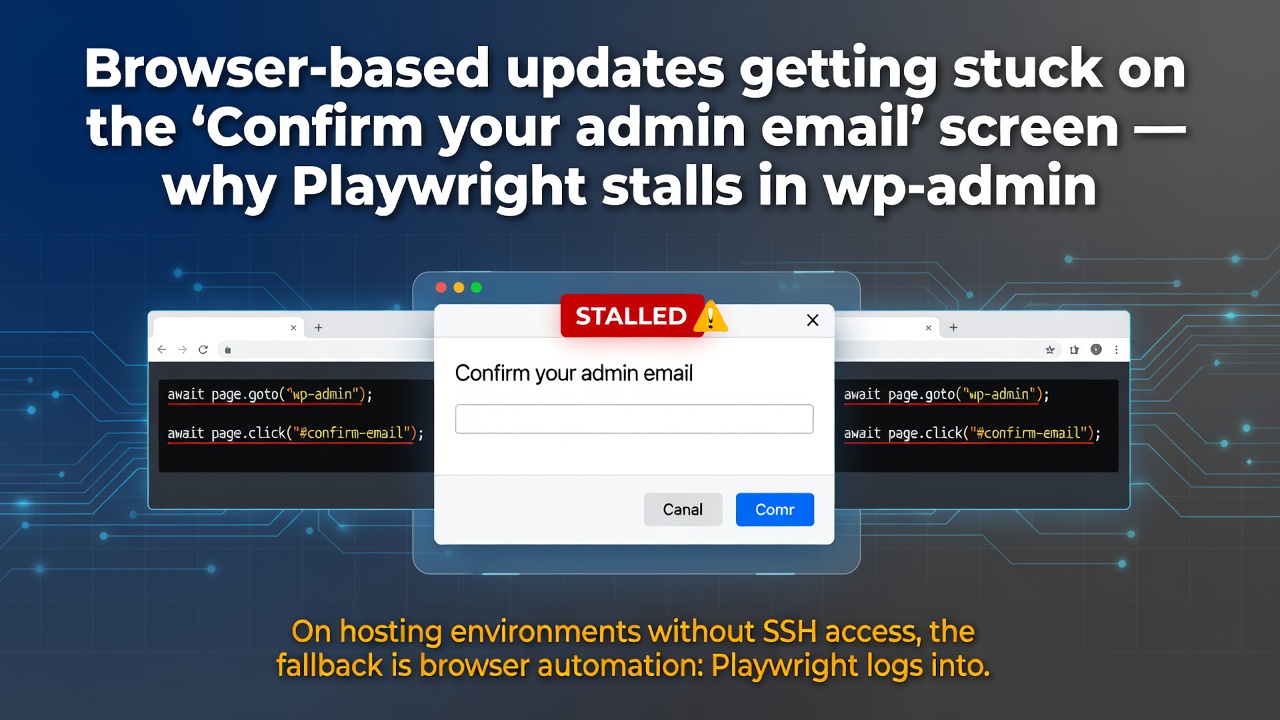 Browser-based updates getting stuck on the "Confirm your admin email" screen — why Playwright stalls in wp-admin