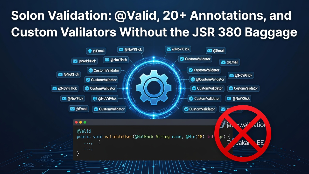 Solon Validation: @Valid, 20+ Annotations, and Custom Validators Without the JSR 380 Baggage